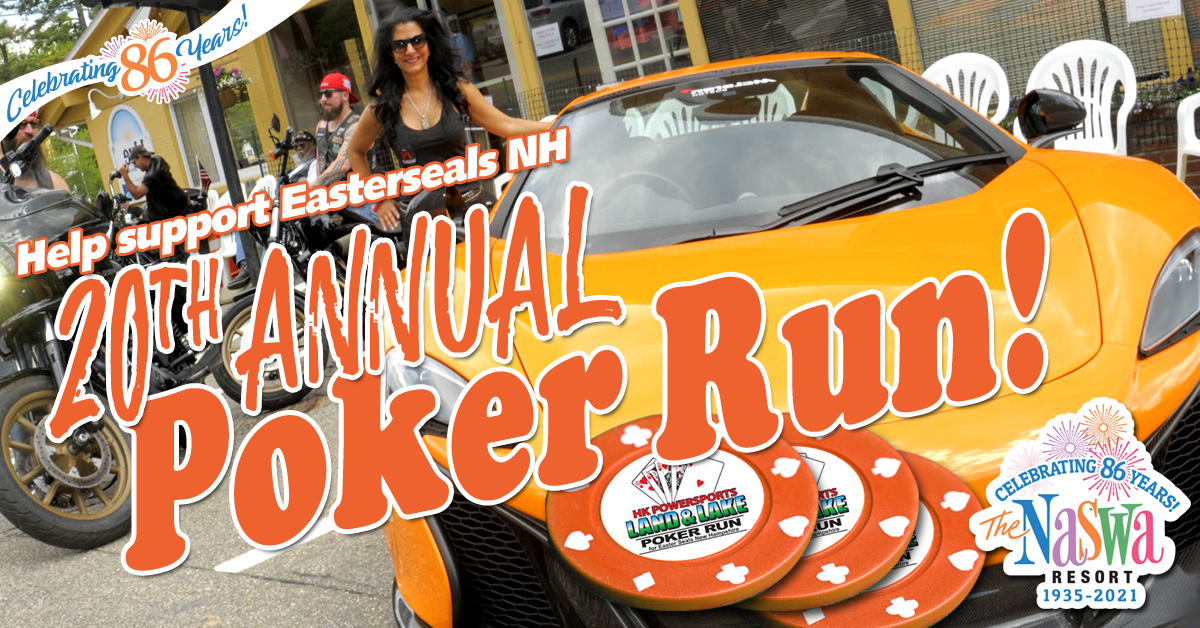 Woman with orange sportscar. Text: help support Easterseals NH, 20th Annual Poker Run!