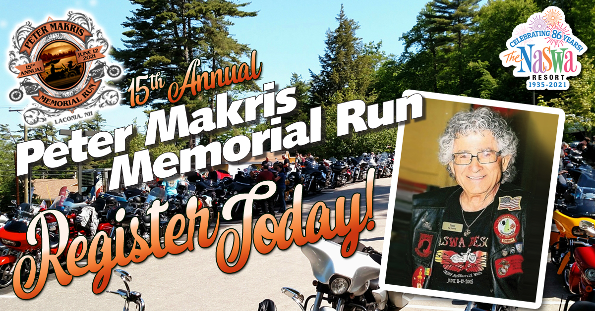 Street lined with motorcycles. Text: 15th Annual Peter Makris Memorial Run. Register today.