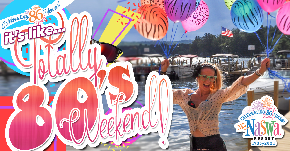 Woman on dock with balloons. text: it's like Totally 80's weekend.