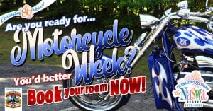 Blue and white motorcycle. Text: Are you ready for Motorcycle Week? you'd better book your room now!